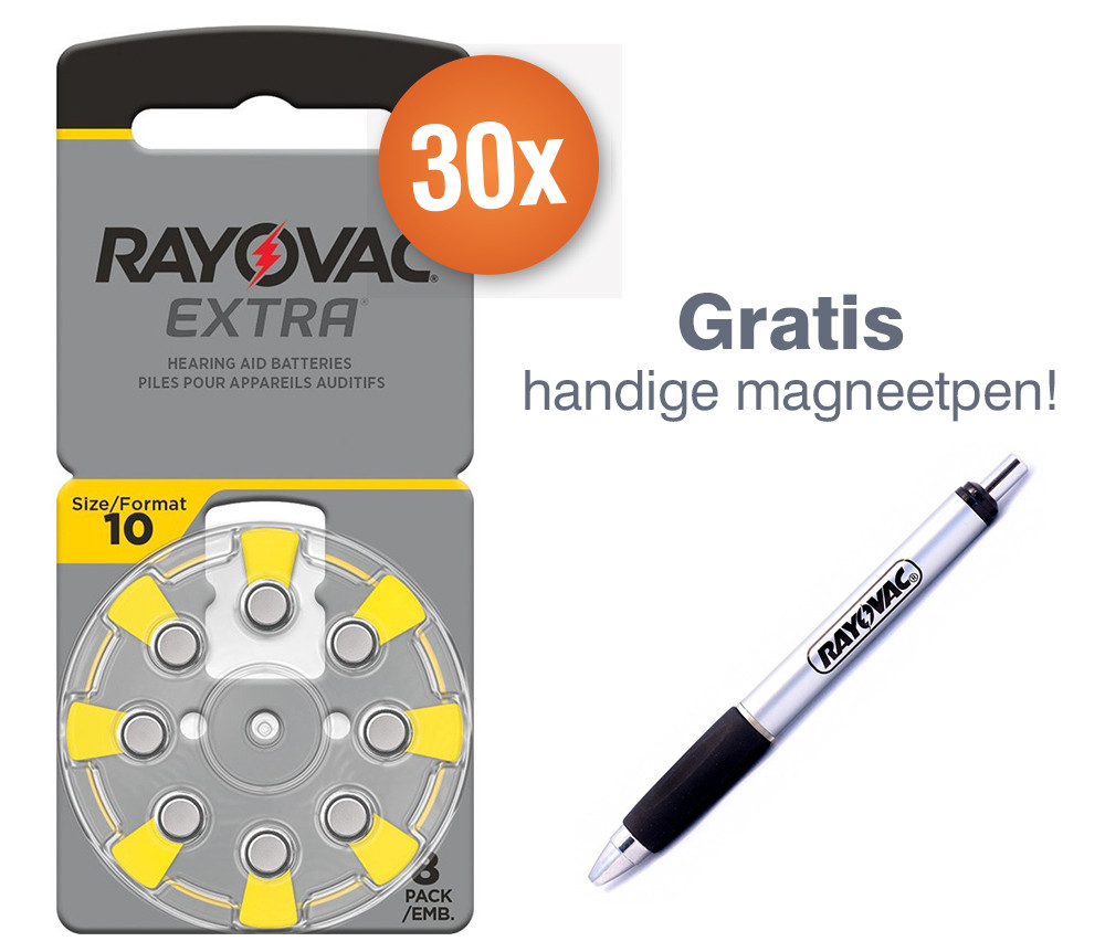 Voordeelpak Rayovac gehoorapparaat batterijen - Type 10 (geel) - 30 x 8 stuks + gratis magnetische batterijpen