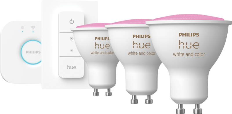 Philips Hue White & Color Starter 3-Pack GU10 + dimmer en Bridge