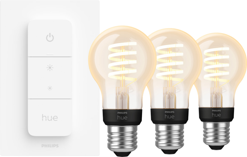 Philips Hue Filament White Ambiance Standaard 3-pack + dimmer