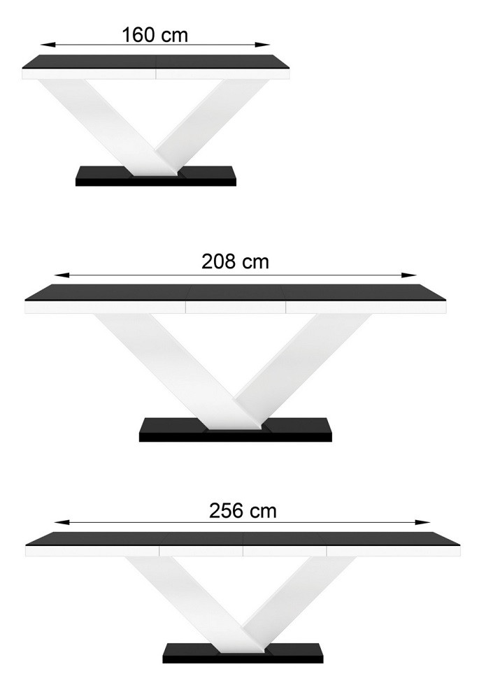 Uitschuifbare Eettafel Victoria 160cm tot 256cm - Hoogglans Zwart met Wit