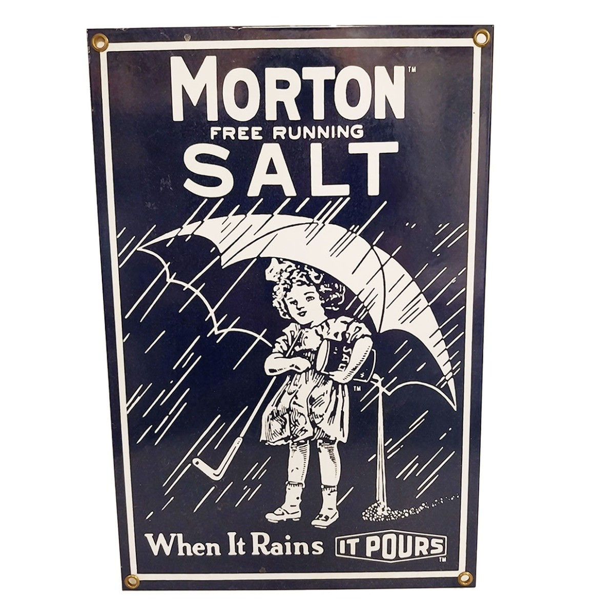 Morton Salt Emaille Bord Door Ande Rooney - 30,5 x 20,5 cm - 1990&apos;s Origineel