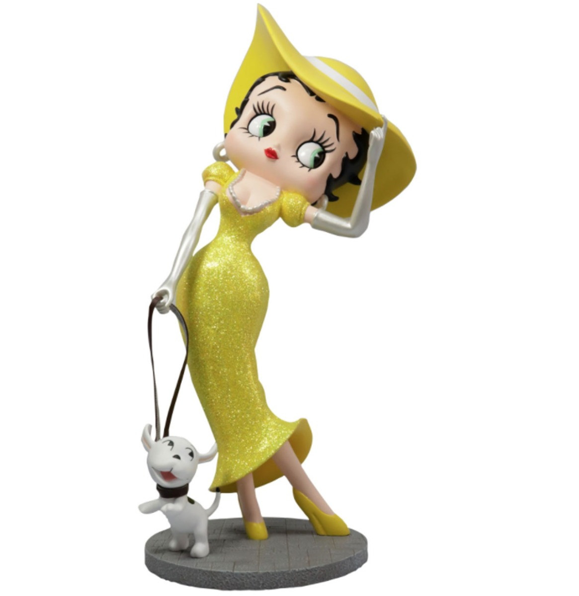 Betty Boop Wandelend Met Pudgy In Een Gele Glitter Jurk Beeldje