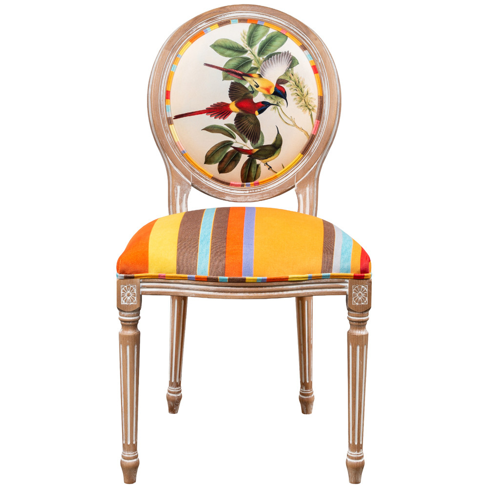 Стул бежевый в разноцветную полоску из натурального бука с изображением птиц и цветов Blooming Yellow Red Birds Colorful Stripes Chair