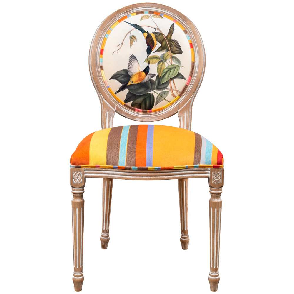 Стул бежевый в разноцветную полоску из натурального бука с изображением птиц и цветов Blooming Birds Colorful Stripes Chair