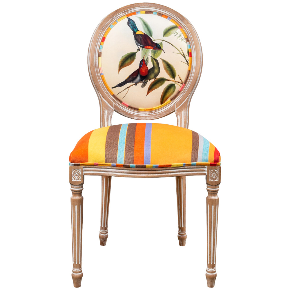 Стул бежевый в разноцветную полоску из натурального бука с изображением птиц и цветов Blooming Red Blue Birds Colorful Stripes Chair