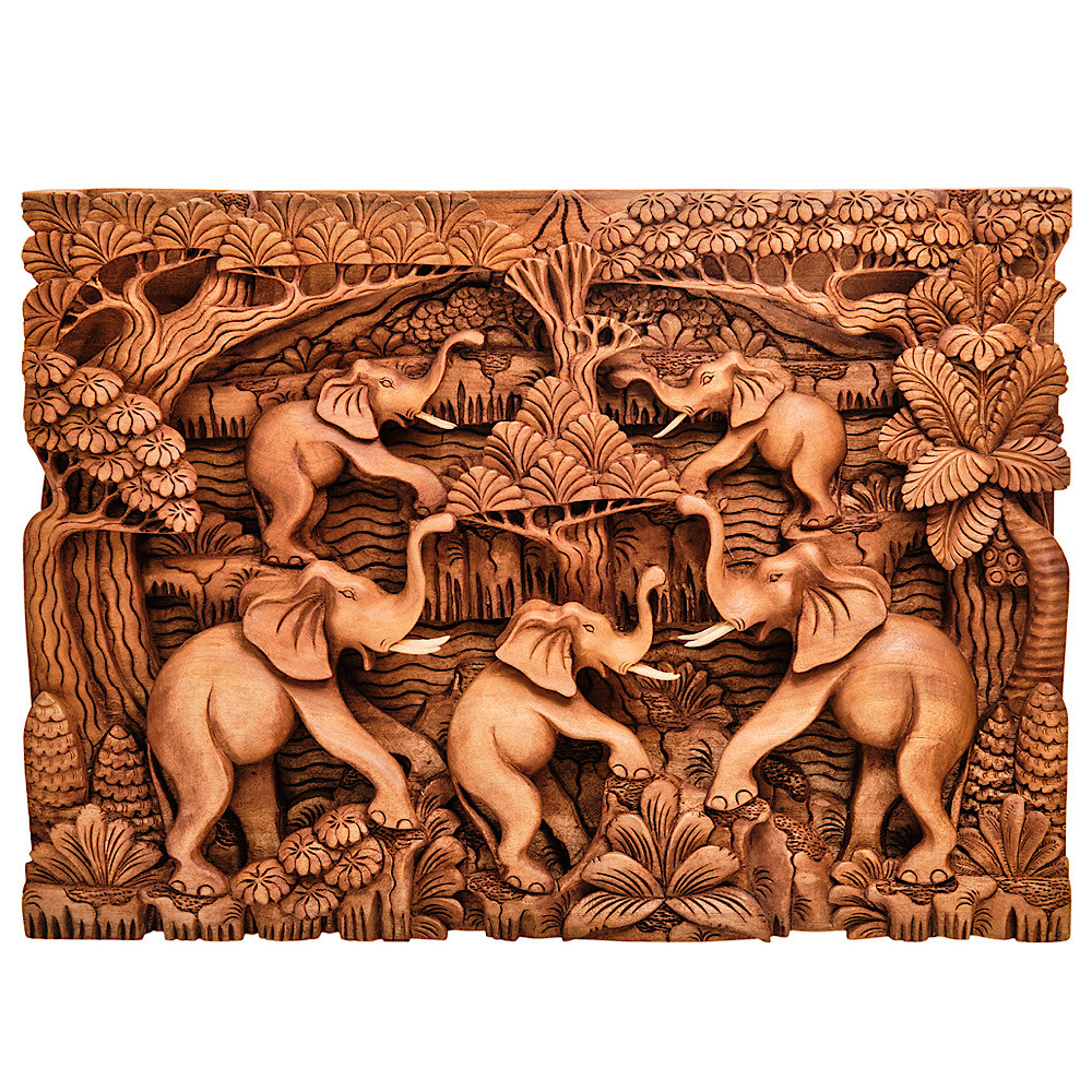 Панно из дерева пять слонов Panel With Animals
