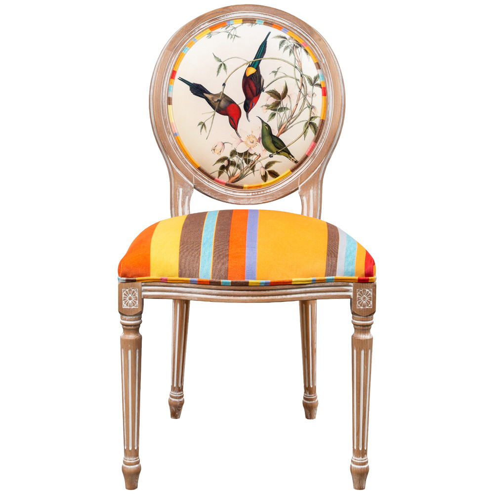 Стул бежевый в разноцветную полоску из натурального бука с изображением птиц и цветов Blooming Red Birds Colorful Stripes Chair