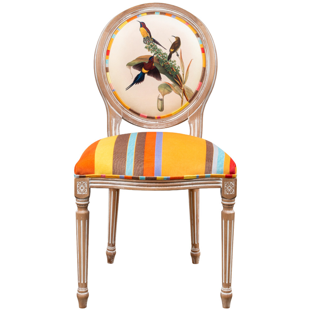 Стул бежевый в разноцветную полоску из натурального бука с изображением птиц и цветов Blooming Yellow Birds Colorful Stripes Chair