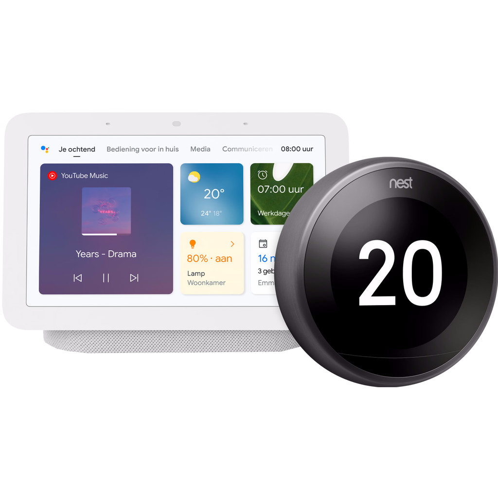 Nest Learning Thermostat V3 Premium Zwart + Google Nest Hub 2 Chalk