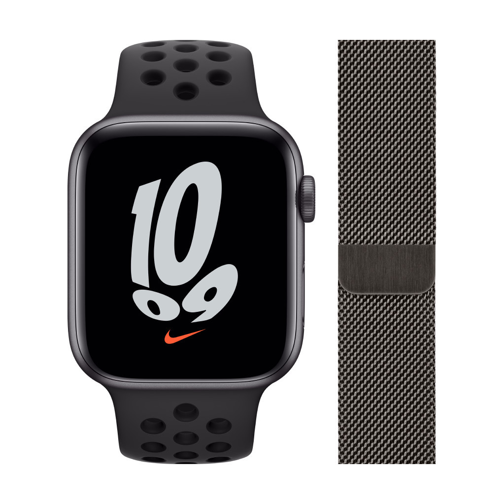 Apple Watch Nike SE 44mm Space Gray Aluminium Zwarte Sportband + Polsband Milanees Grafiet
