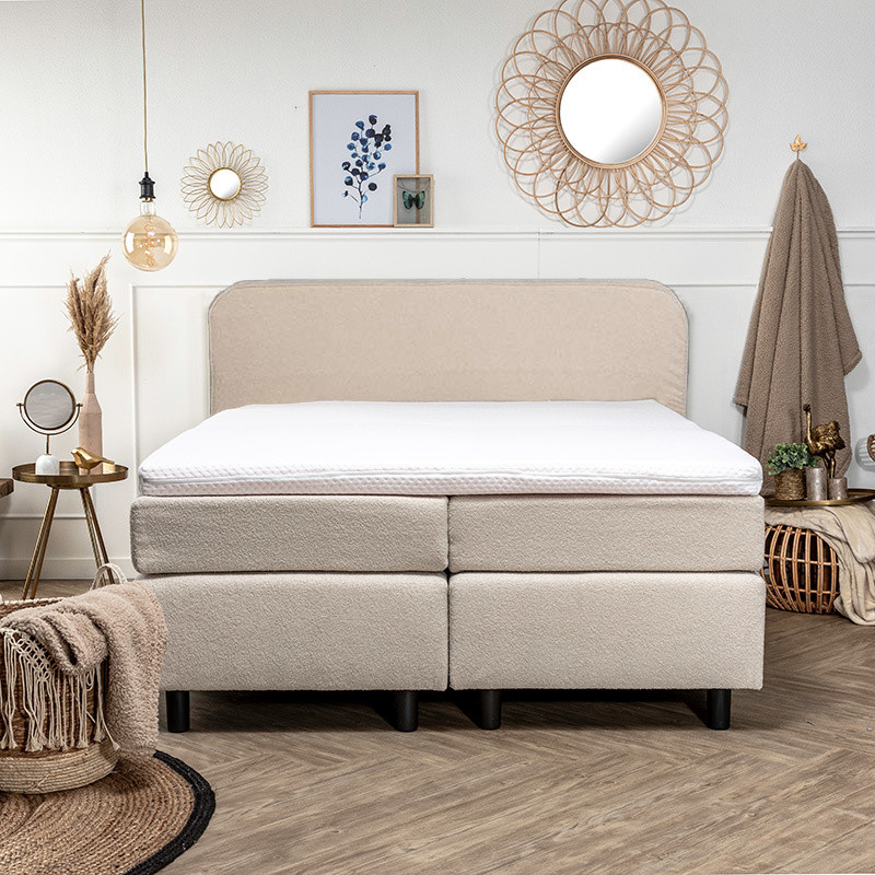 2-Persoons Boxspring Curvy - Teddystof - Creme & Zand 140x200 cm - Pocketvering - Inclusief Topper - Dekbed-Discounter.nl