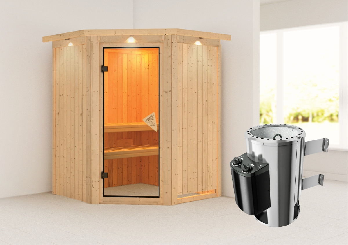 Karibu | Minja Sauna met Dakkraag | Bronzeglas Deur | Kachel 3,6 kW Geïntegreerde Bediening