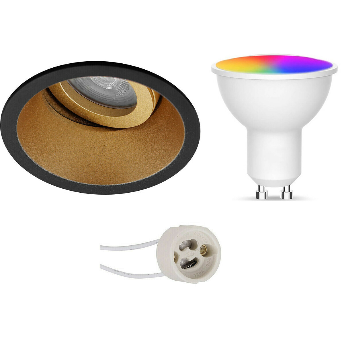 LED Spot Set GU10 - Facto - Smart LED - Wifi LED - Slimme LED - 5W - RGB+CCT - Aanpasbare Kleur - Dimbaar - Pragmi Zano Pro - Inbouw Rond - Mat Zwart/Goud - Kantelbaar - Ø93mm