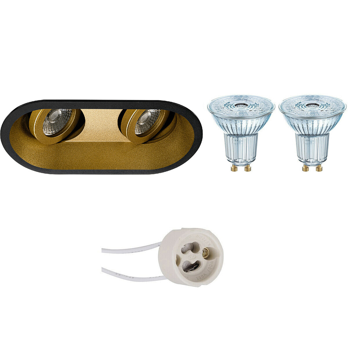 LED Spot Set - LEDVANCE Parathom PAR16 927 36D - Pragmi Zano Pro - GU10 Fitting - Dimbaar - Inbouw Ovaal Dubbel - Mat Zwart/Goud - 3.7W - Warm Wit 2700K - Kantelbaar - 185x93mm