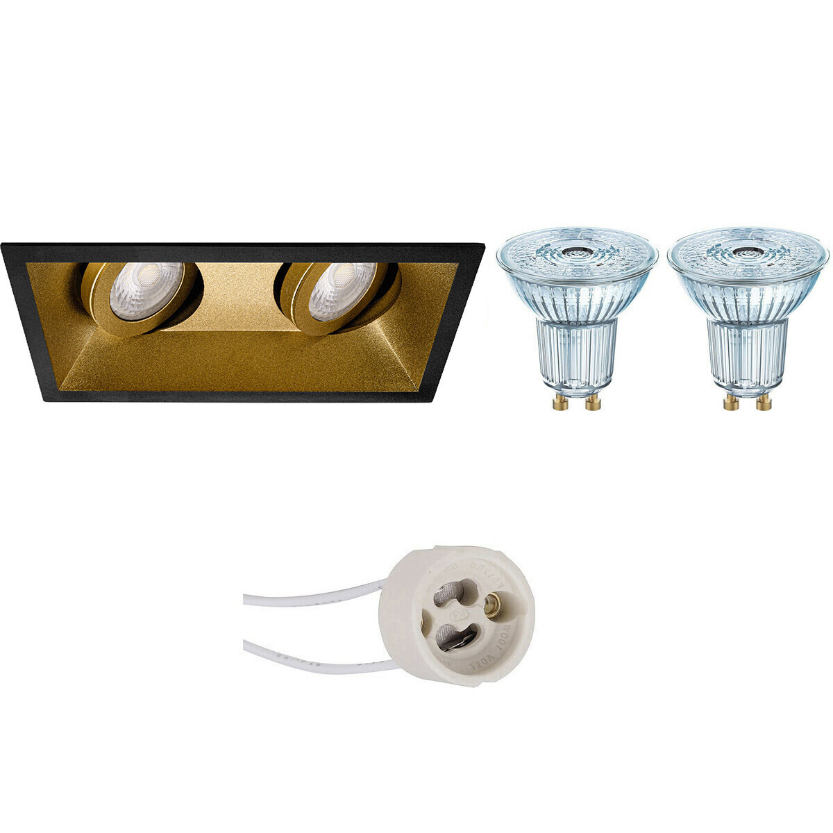 LED Spot Set - LEDVANCE Parathom PAR16 927 36D - Pragmi Zano Pro - GU10 Fitting - Dimbaar - Inbouw Rechthoek Dubbel - Mat Zwart/Goud - 3.7W - Warm Wit 2700K - Kantelbaar - 185x93mm