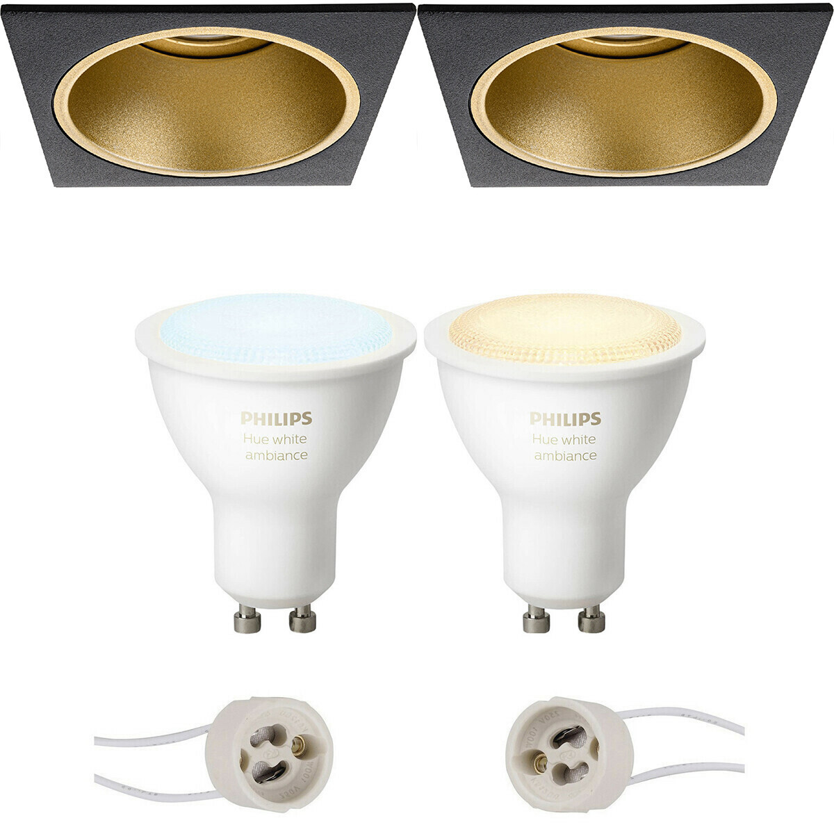 Pragmi Minko Pro - Inbouw Vierkant - Mat Zwart/Goud - Verdiept - 90mm - Philips Hue - LED Spot Set GU10 - White Ambiance - Bluetooth