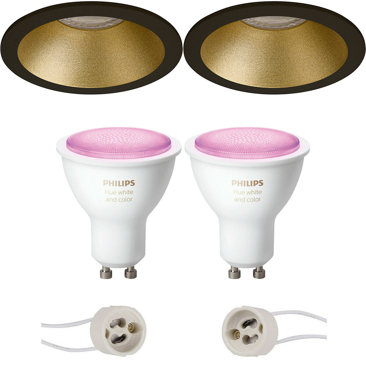 Pragmi Pollon Pro - Inbouw Rond - Mat Zwart/Goud - Verdiept - Ø82mm - Philips Hue - LED Spot Set GU10 - White and Color Ambiance - Bluetooth
