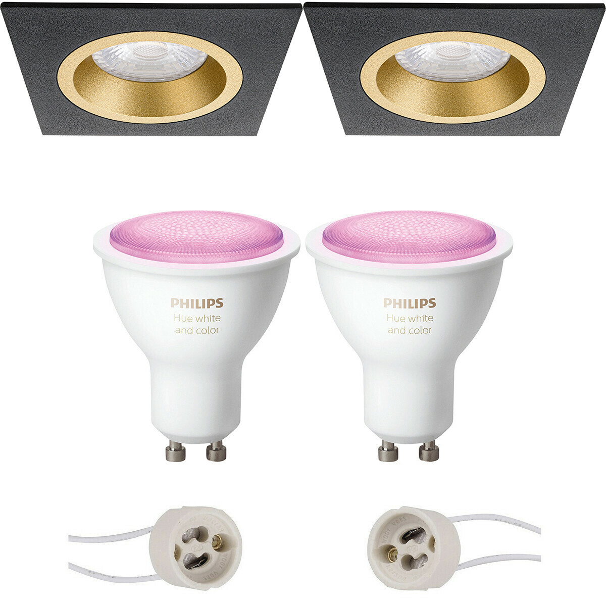 Pragmi Rodos Pro - Inbouw Vierkant - Mat Zwart/Goud - 93mm - Philips Hue - LED Spot Set GU10 - White and Color Ambiance - Bluetooth