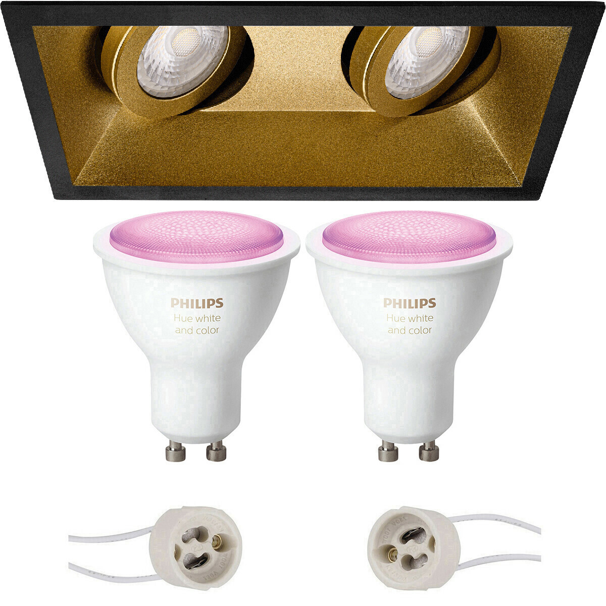 Pragmi Zano Pro - Inbouw Rechthoek Dubbel - Mat Zwart/Goud - Kantelbaar - 185x93mm - Philips Hue - LED Spot Set GU10 - White and Color Ambiance - Bluetooth