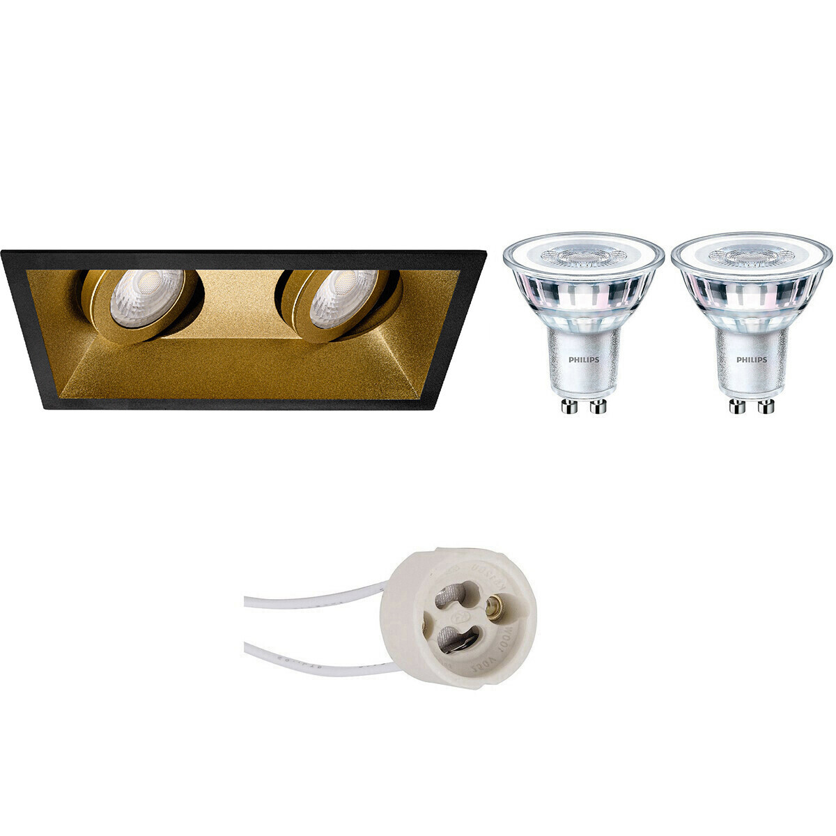 LED Spot Set - Pragmi Zano Pro - GU10 Fitting - Inbouw Rechthoek Dubbel - Mat Zwart/Goud - Kantelbaar - 185x93mm - Philips - CorePro 830 36D - 5W - Warm Wit 3000K - Dimbaar