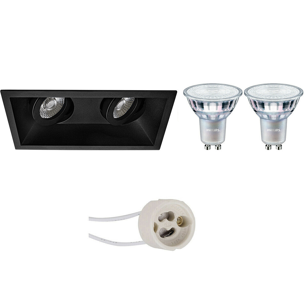 LED Spot Set - Pragmi Zano Pro - GU10 Fitting - Inbouw Rechthoek Dubbel - Mat Zwart - Kantelbaar - 185x93mm - Philips - MASTER 927 36D VLE - 3.7W - Warm Wit 2200K-2700K - DimTone Dimbaar