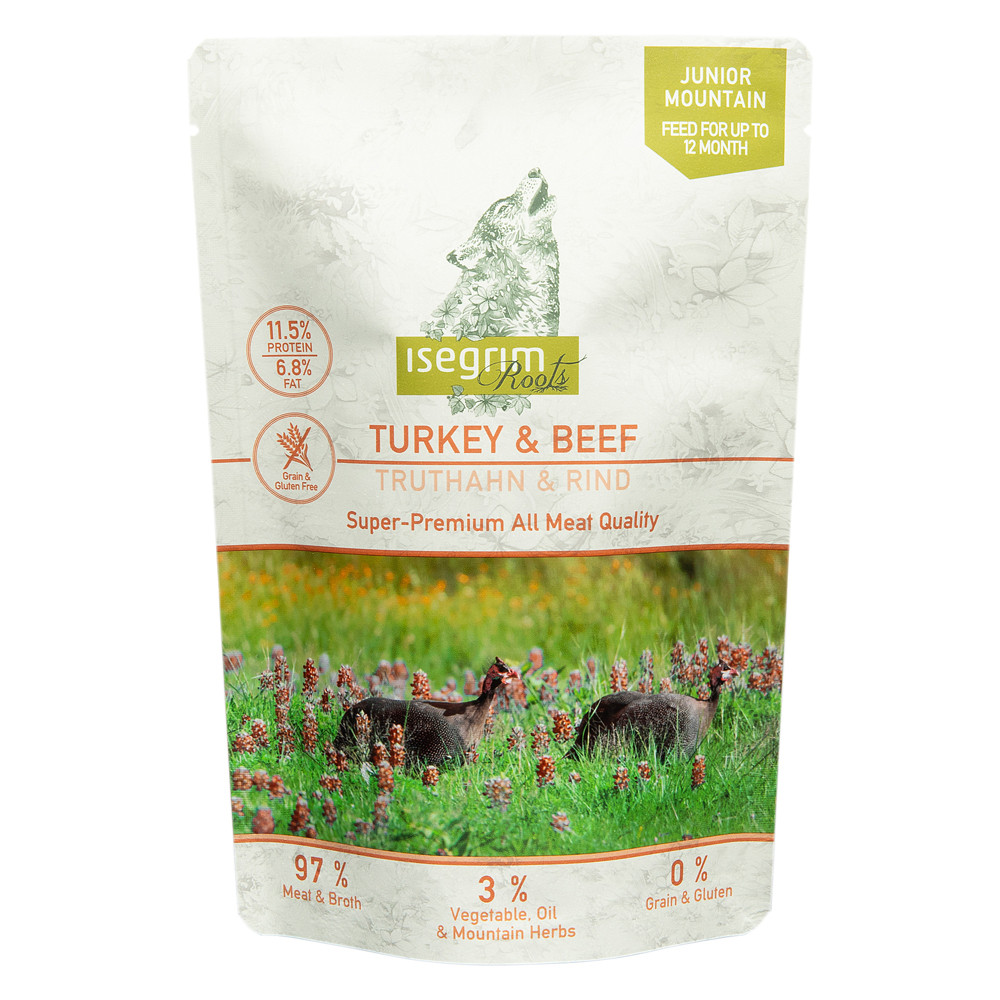 isegrim® Roots Puppy en Junior MOUNTAIN Kalkoen & Rund, 410 g, Aantal: 7 x 410 g