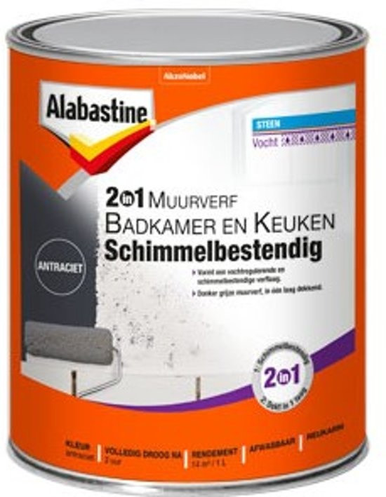 Alabastine 2-in-1 Muurverf Badkamer en Keuken Schimmelbestendig - 1 liter Antraciet