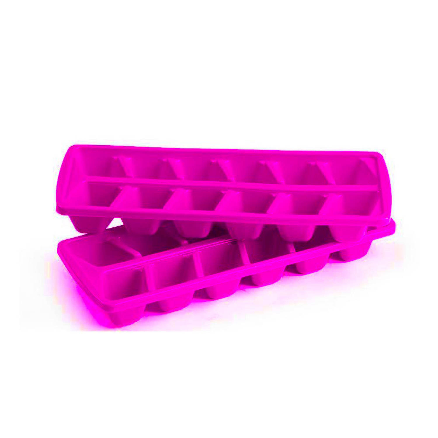 Plasticforte IJsblokjesvormen set 2x stuks met deksel - 24 ijsklontjes - kunststof - roze - IJsblokjesvormen