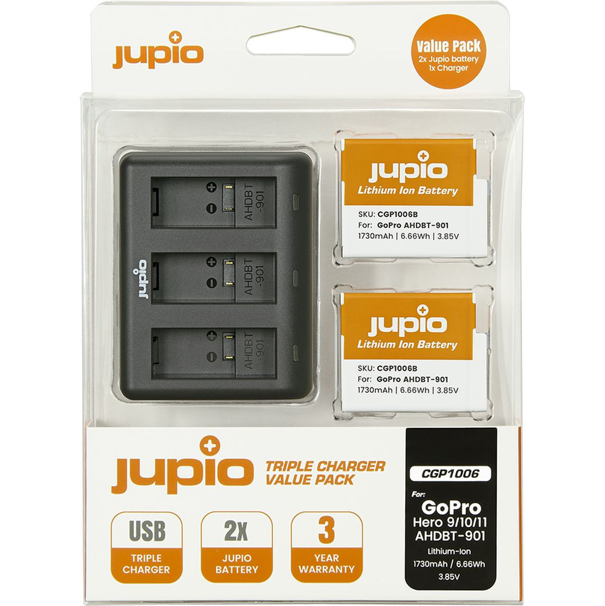 Jupio Jupio Value Pack: 2x Enduro Battery GoPro HERO 9 | HERO 10 | HERO 11 - SPBL1B/AHDBT-901 1730mAh + Compact USB Triple Charger