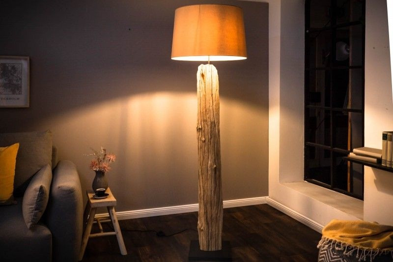 Handgemaakte vloerlamp ROUSILIQUE 180cm beige drijfhoutlamp linnen kap boomstam - 17320