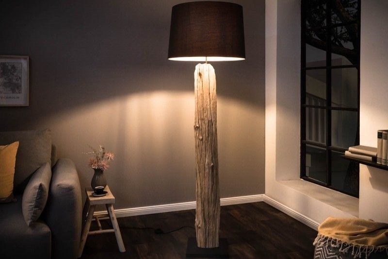 Handgemaakte vloerlamp ROUSILIQUE 180cm zwarte drijfhoutlamp linnen kap boomstam - 17321