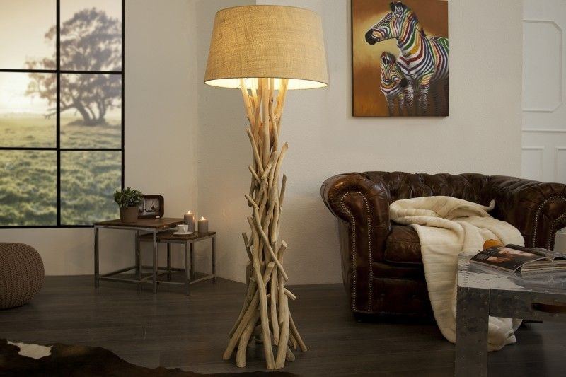 Handgemaakte drijfhouten vloerlamp WILD NATURE 155cm zand met linnen kap - 30208
