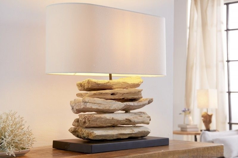 Handgemaakte drijfhoutlamp RIVERINE 55 cm tafellamp met crèmekleurige linnen kap - 36786