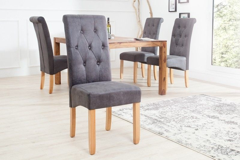 Elegante stoel CASA vintage grijs met decoratieve knopen massief houten poten - 37293