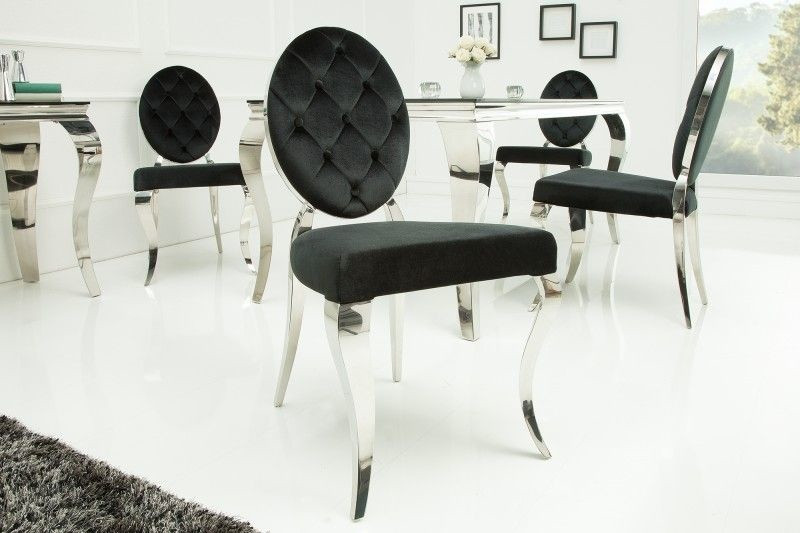 Elegante stoel MODERN BAROQUE zwart fluweel met knopen roestvrijstalen poten - 37354