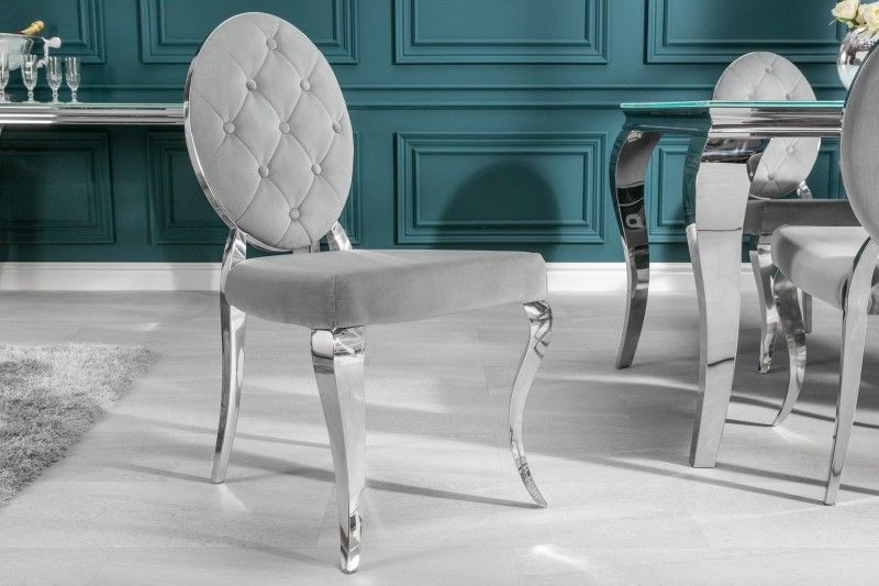 Elegante stoel MODERN BAROK edel grijs fluweel met knopen roestvrijstalen poten - 38342