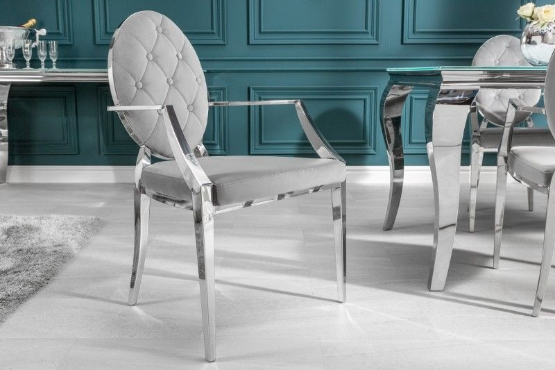 Elegante stoel MODERN BAROK edelgrijs fluweel met armleuningen en decoratieve knopen - 38343