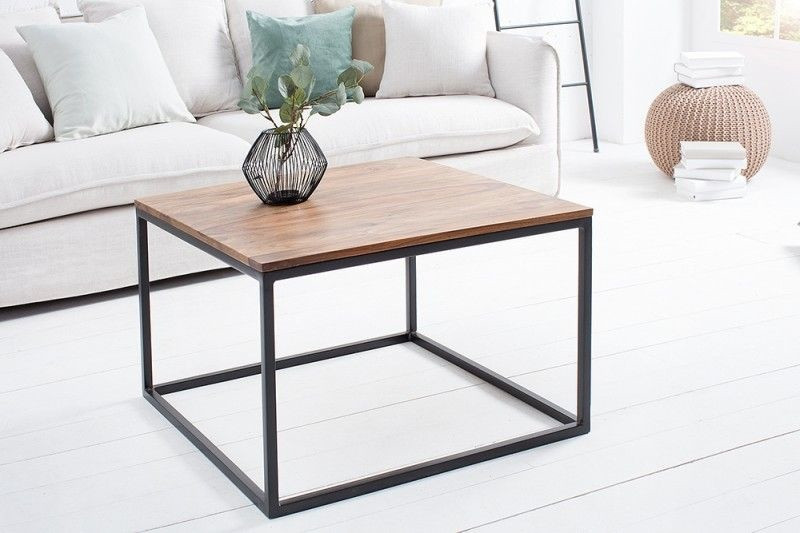 Design salontafel ELEMENTS 70cm Sheesham steenafwerking ijzeren frame zwart mat massief hout - 38603
