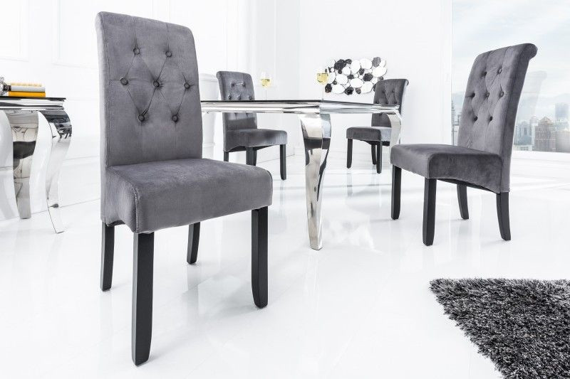 Design stoel CASA grijs fluweel met decoratieve knopen massief houten poten - 38979