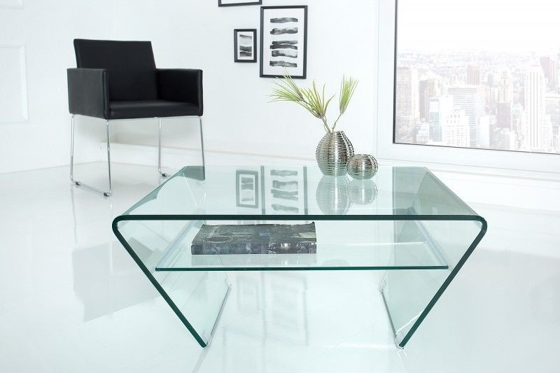 Moderne glazen salontafel FANTOME 70cm trapeziumvormig met transparante plank - 39054