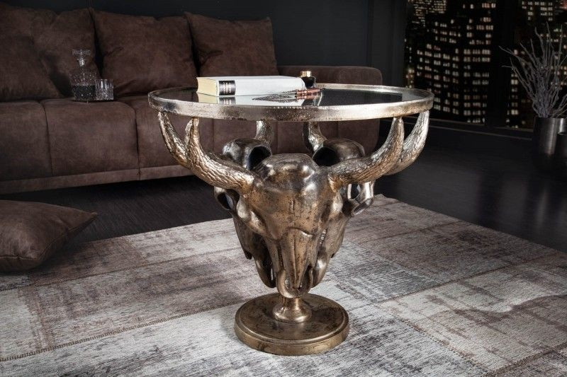 Extravagante salontafel MATADOR 56cm bronzen stierenkop met glazen blad - 39881