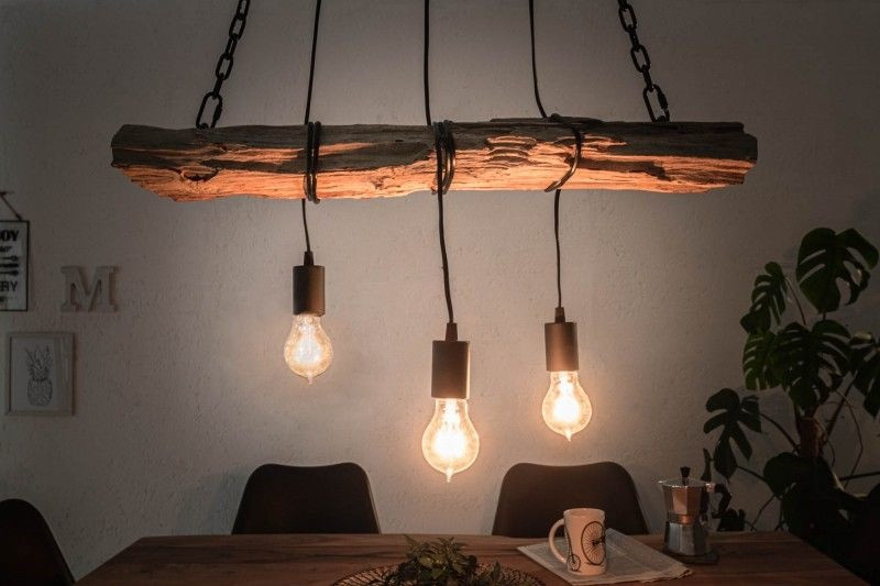 Industriële hanglamp BARRACUDA 70cm gerecycled massief hout met 3 lampjes - 40079