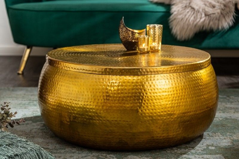 Ronde salontafel ORIENT STORAGE 70cm goud metaal met opbergruimte gehamerd ontwerp handgemaakt - 40231