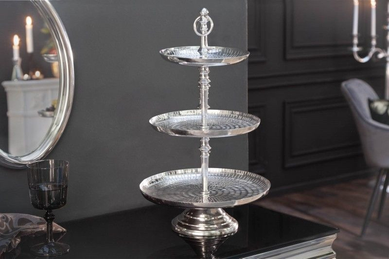 Elegante taartschaal ORIENT 50cm zilver in Rijsthamer-design met drie niveaus - 40385