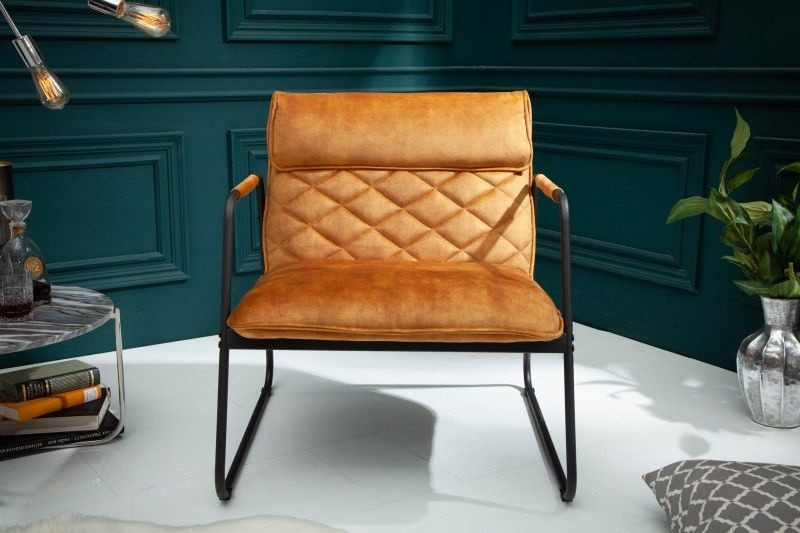 Retro fauteuil MUSTANG LOUNGER mosterdgeel fluweel met decoratieve stiksels - 40759