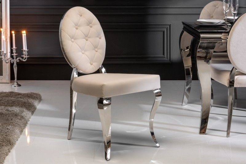 Elegante stoel MODERN BAROQUE beige fluweel met knopen roestvrijstalen poten - 40796