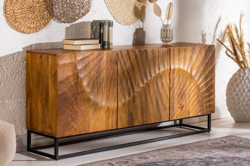 Massief dressoir SCORPION 140cm bruin mangohout gedetailleerd 3D-houtsnijwerk - 41400
