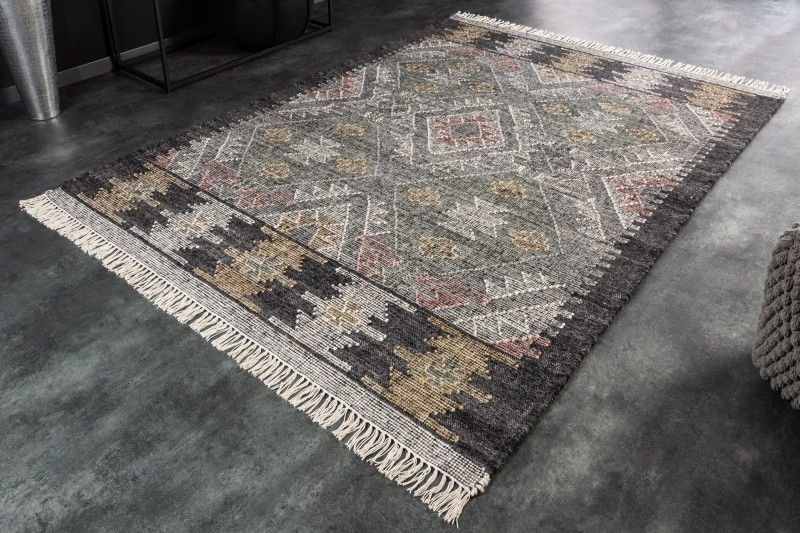 Handgeweven wollen tapijt ETHNO 230x160cm grijs kleurrijke geometrische patronen - 41466