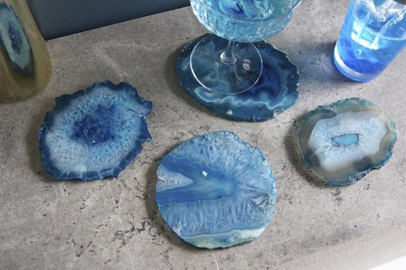 Set van 4 onderzetters voor glazen COASTER 10cm blauwe edelsteen agaatkwarts handgemaakt - 41556