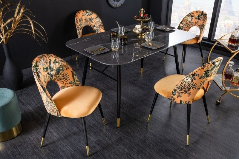 Design stoel PRÊT-À-PORTER geel fluweel bloemmotief en gouden voetdoppen - 41701